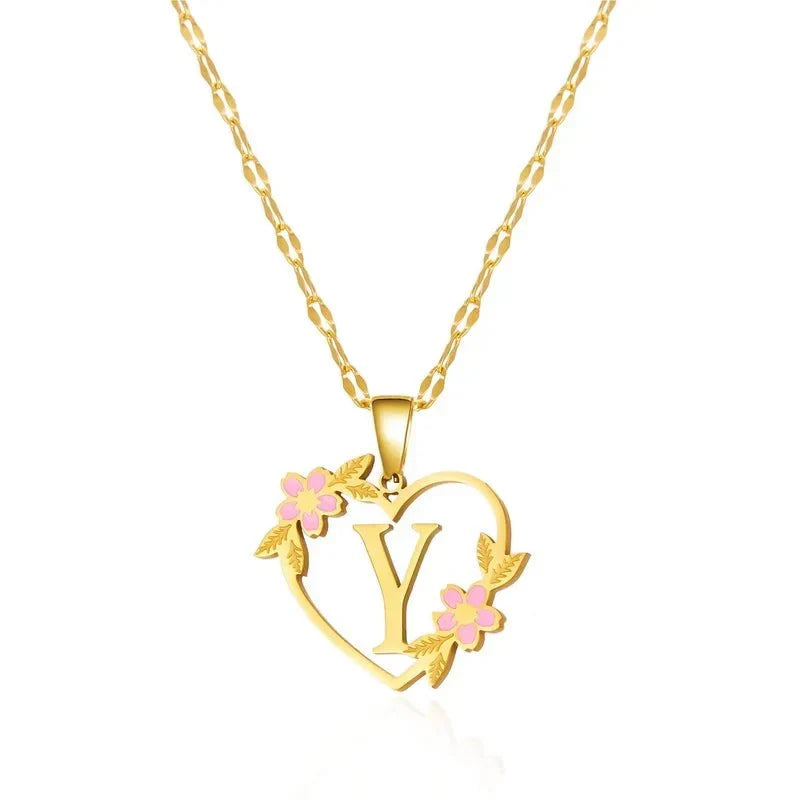 Kalsten | Dainty Floral Accented Heart Letter Initial Necklace