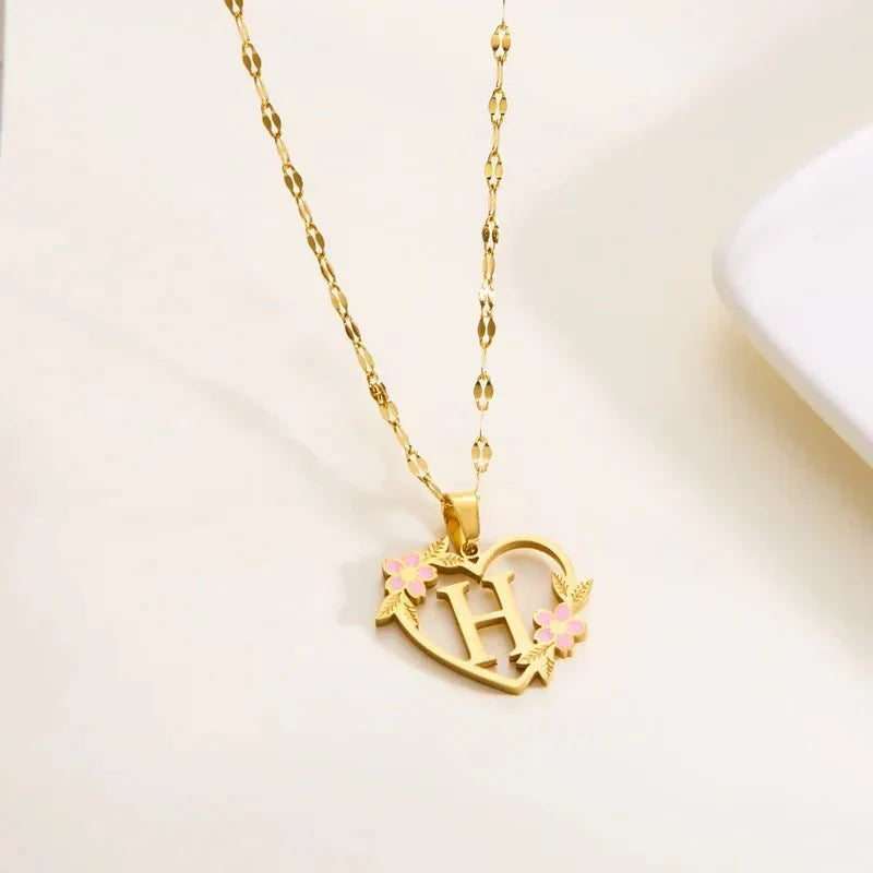 Kalsten | Dainty Floral Accented Heart Letter Initial Necklace