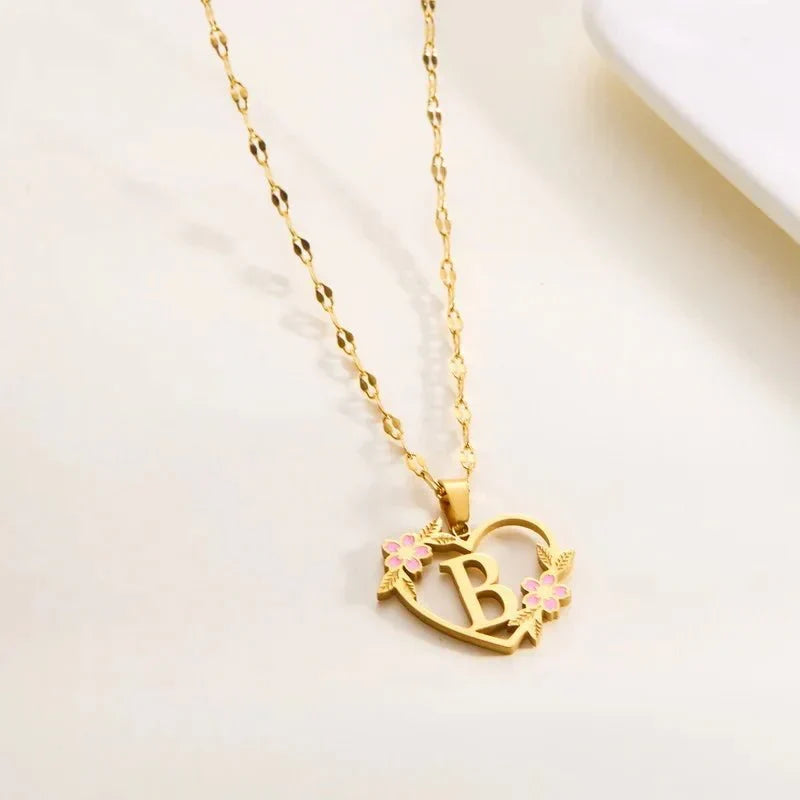 Kalsten | Dainty Floral Accented Heart Letter Initial Necklace