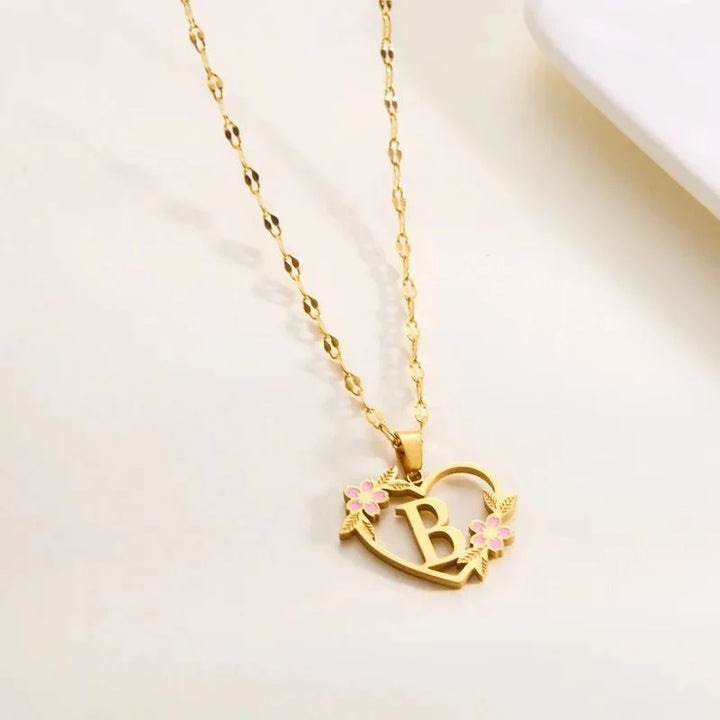 Kalsten | Dainty Floral Accented Heart Letter Initial Necklace