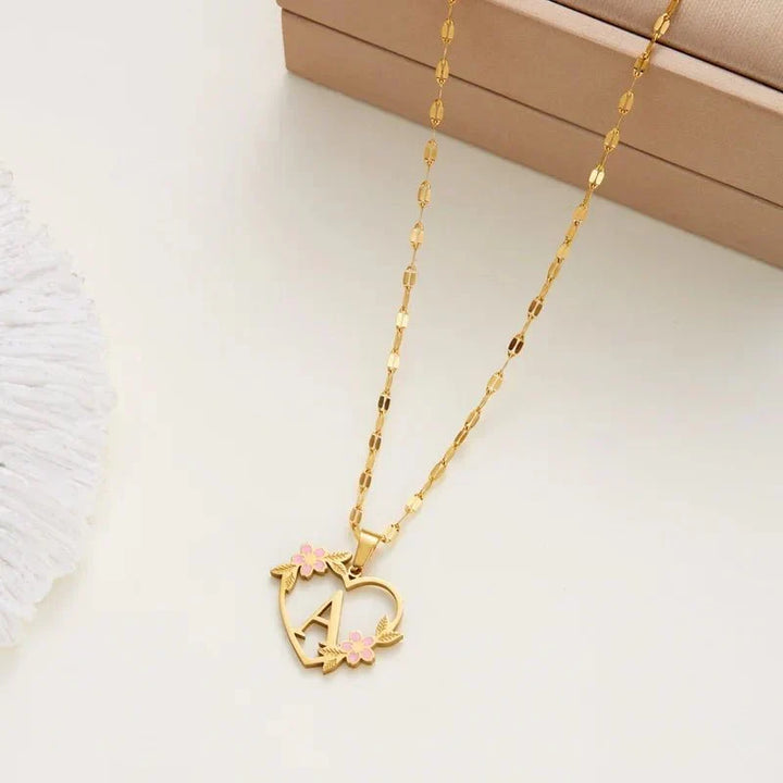 Kalsten | Dainty Floral Accented Heart Letter Initial Necklace