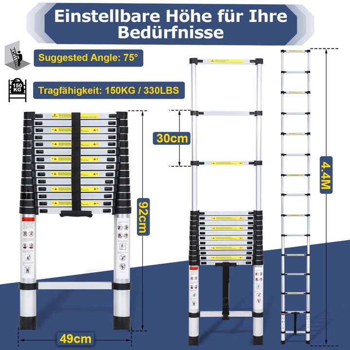 Telescopic Ladder Aluminum Load capacity up to 150kg 2.6m-5m | Kalsten