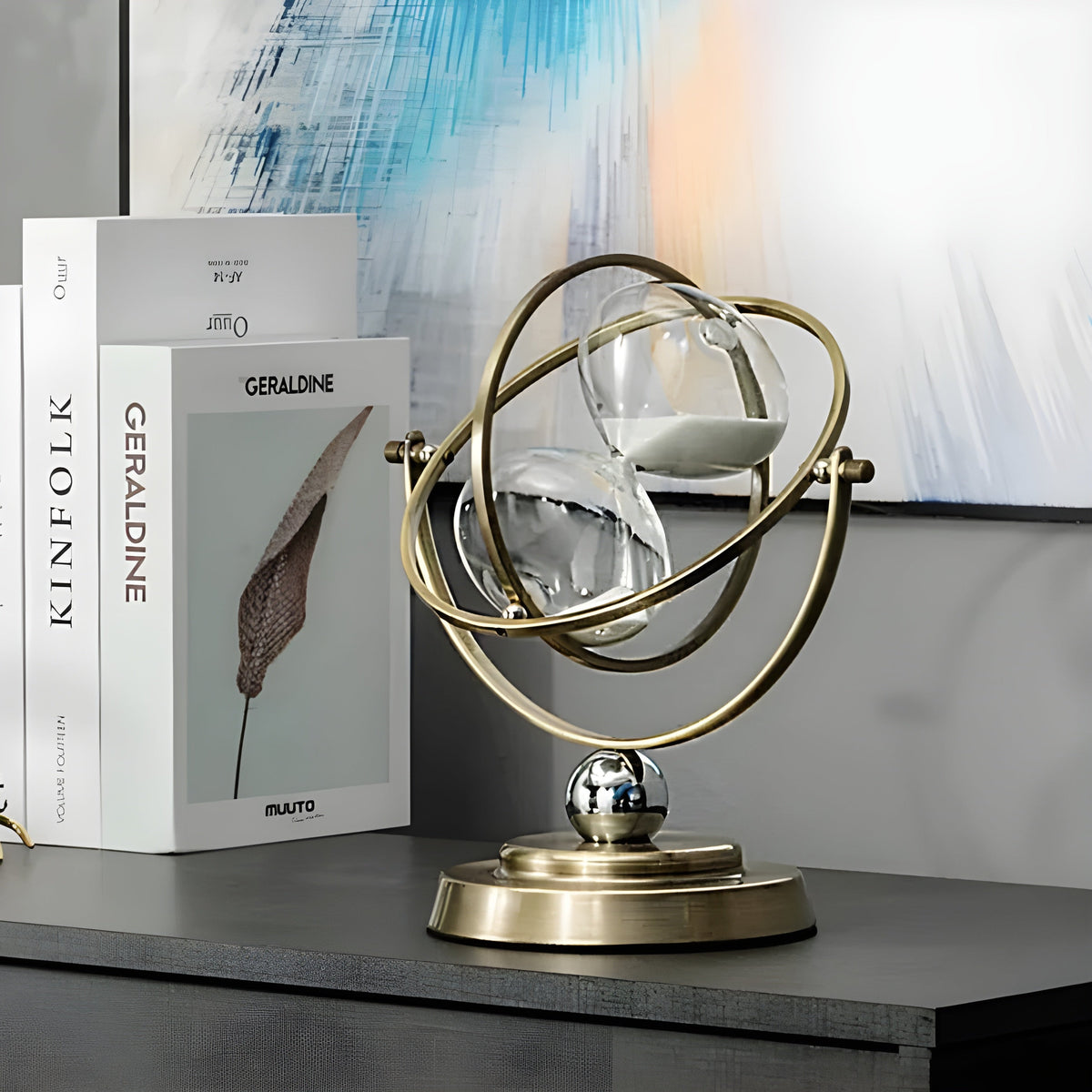 Skanto | GracefulTime Clock – Luxurious Hourglass with Elegant Gold Frame and Timeless Design