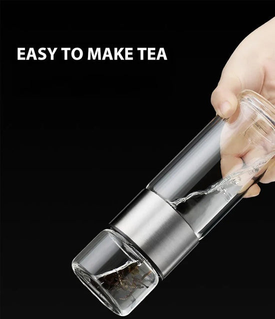 Thermal bottle with tea filter – Glass & Wood – Double-walled – 500 ml – ClearTherm | Kalsten