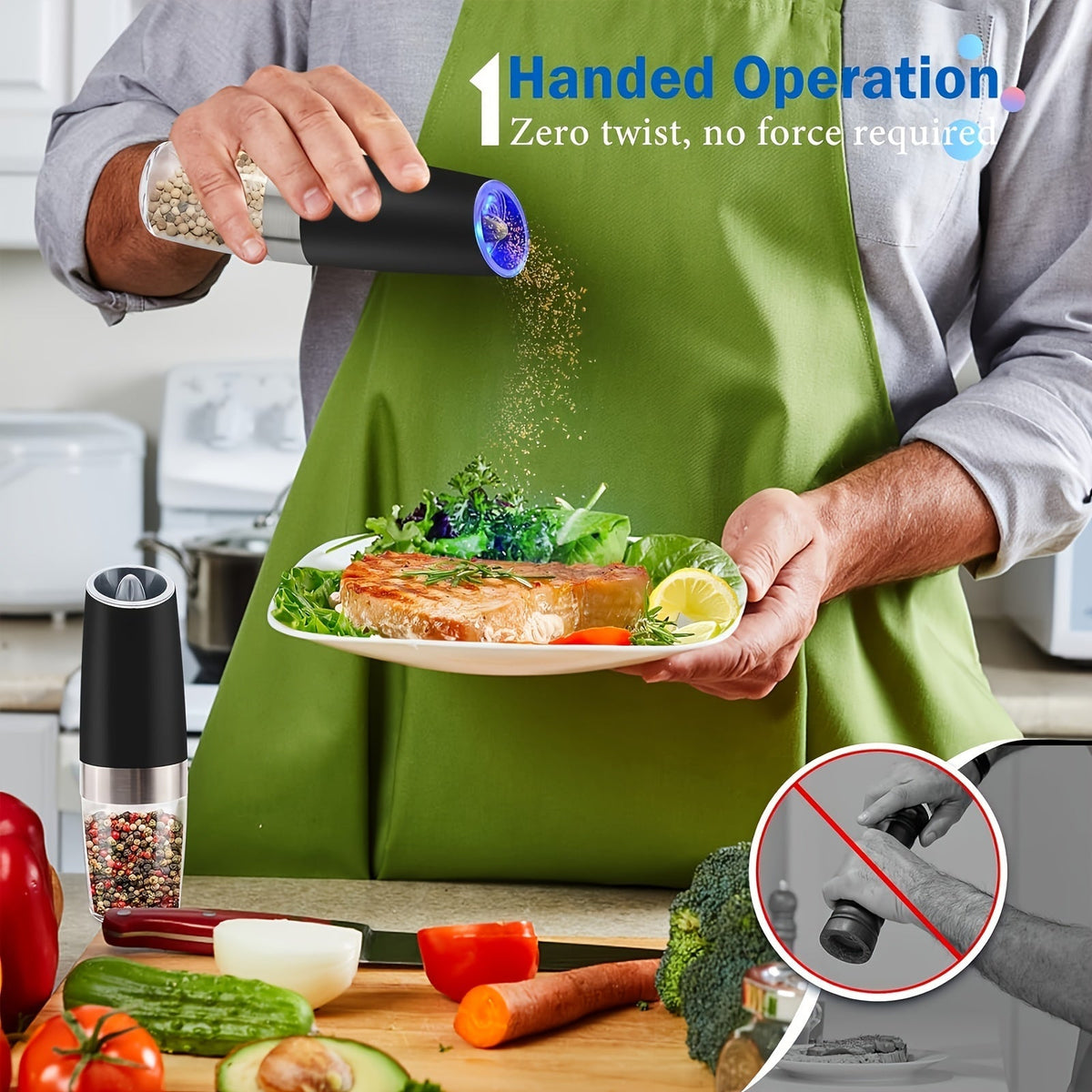 Skanto | Gravity Electric Salt and Pepper Grinder Set: Battery Operated with LED Light, One-Handed Automatic Operation, Adjustable Coarseness, Black - Kitchen Gadget Gift Idea