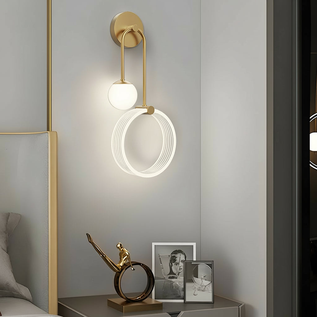 LED Wall Sconce Light – Modern 2-Light Gold Acrylic Ring Frosted Globe (45x23cm / 17.7x9.1in) | Kalsten