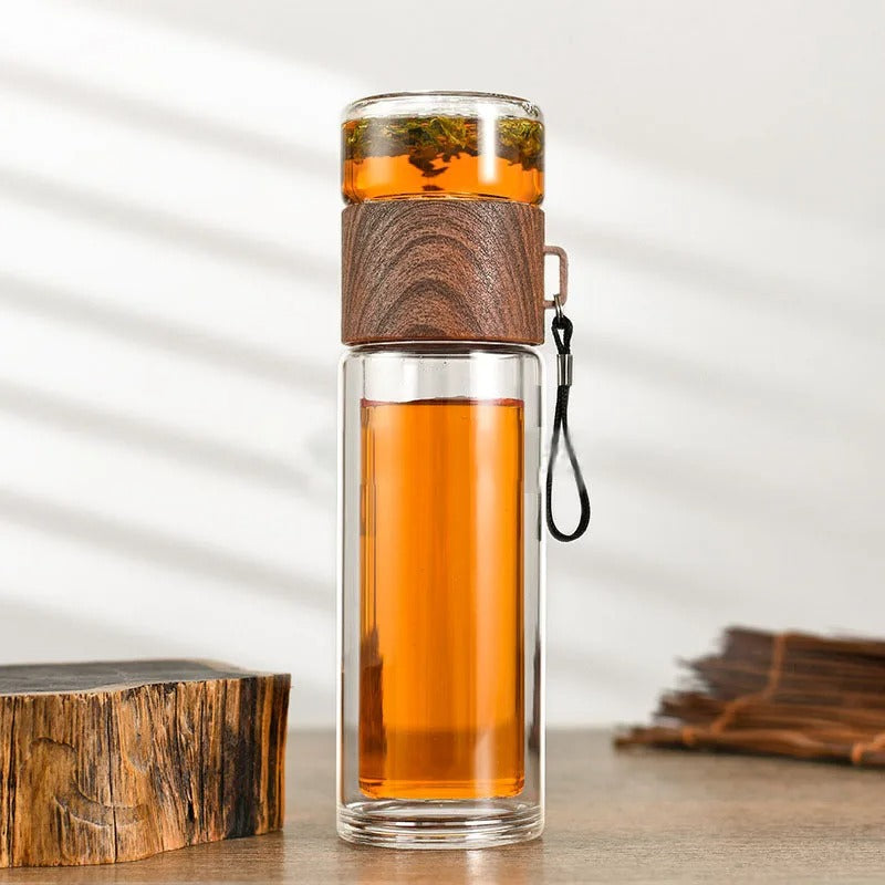 Thermal bottle with tea filter – Glass & Wood – Double-walled – 500 ml – ClearTherm | Kalsten