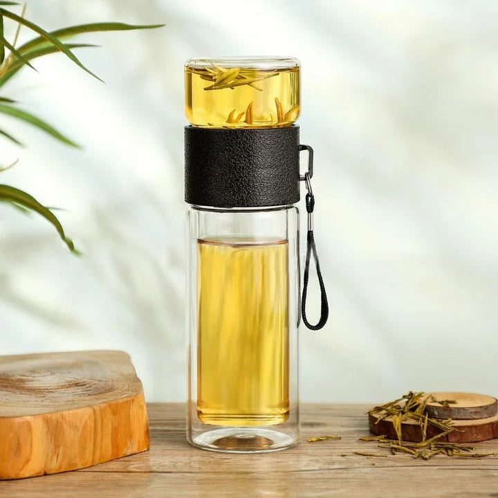 Thermal bottle with tea filter – Glass & Wood – Double-walled – 500 ml – ClearTherm | Kalsten