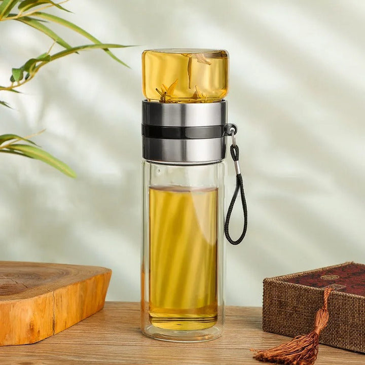 Thermal bottle with tea filter – Glass & Wood – Double-walled – 500 ml – ClearTherm | Kalsten