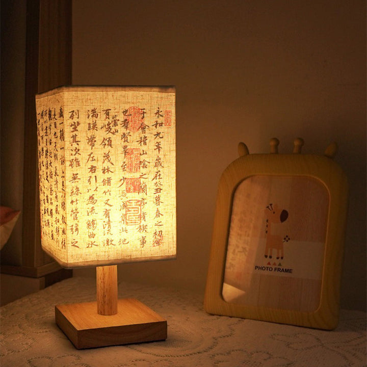 LED table lamp in a square design – wooden base with Japanese pattern | Kalsten