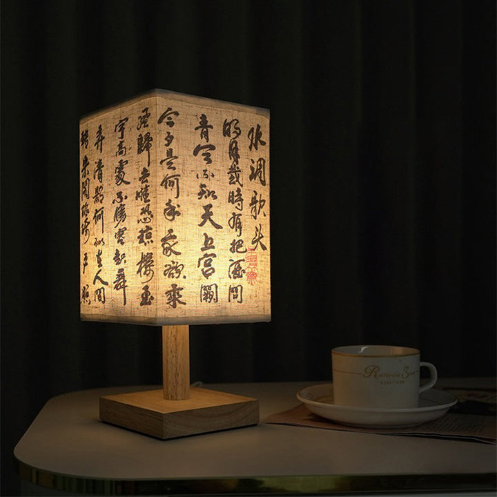 LED table lamp in a square design – wooden base with Japanese pattern | Kalsten