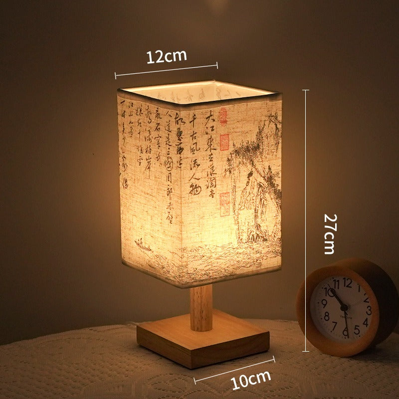LED table lamp in a square design – wooden base with Japanese pattern | Kalsten