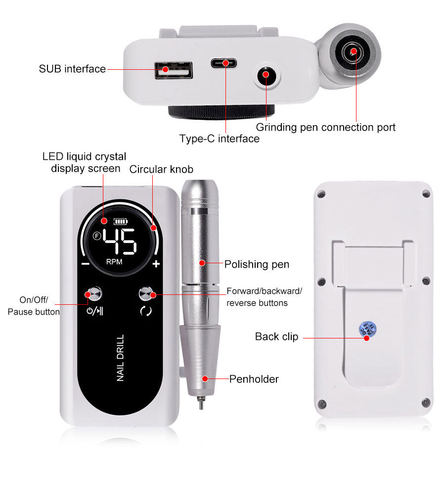 Skanto | ProNail 45000RPM Electric Nail File – Portable Rechargeable E-File for Manicure & Acrylic Nails | Low Noise