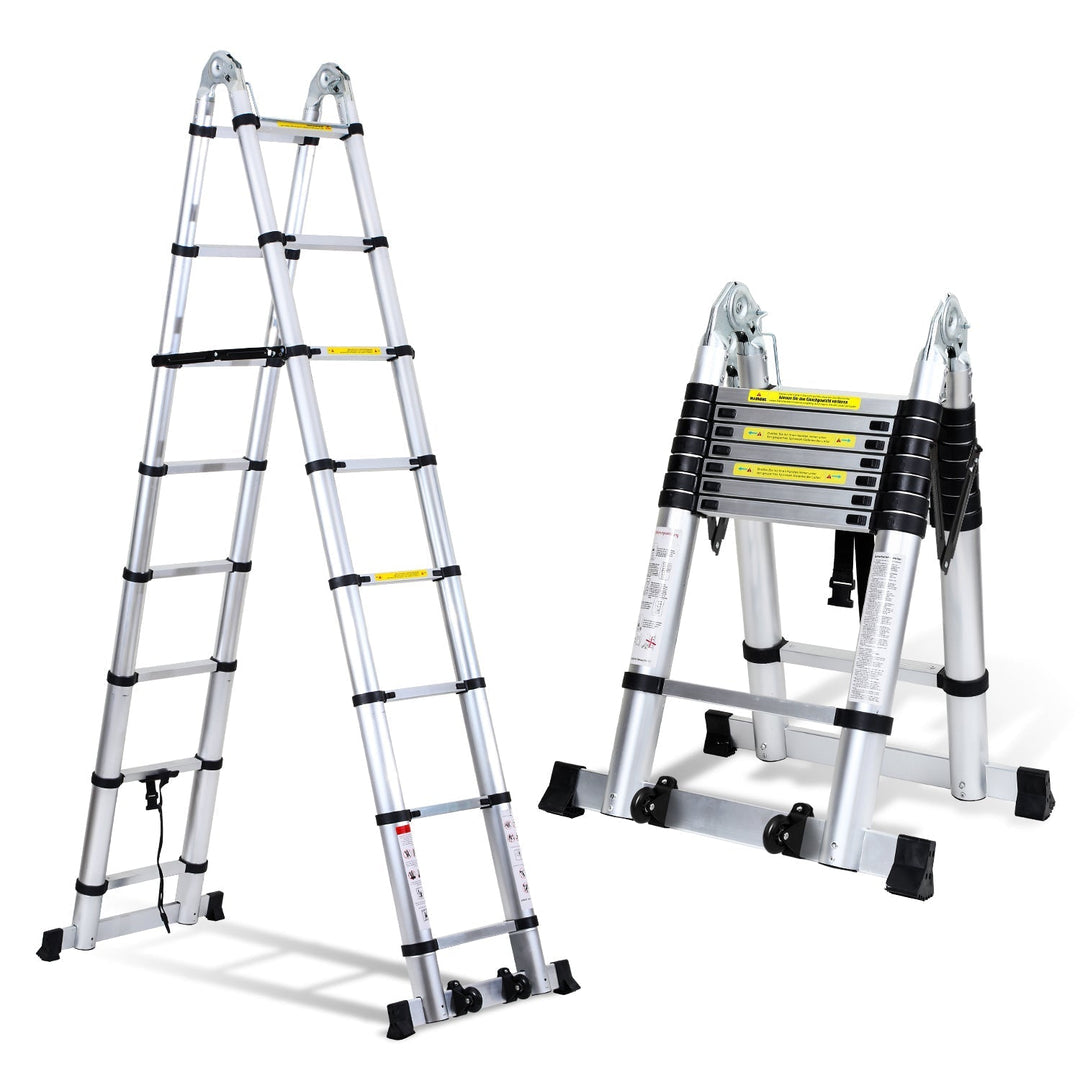 5M Aluminum Telescopic Ladder Folding Ladder with Wheels and Triangle Stabilizer | Kalsten