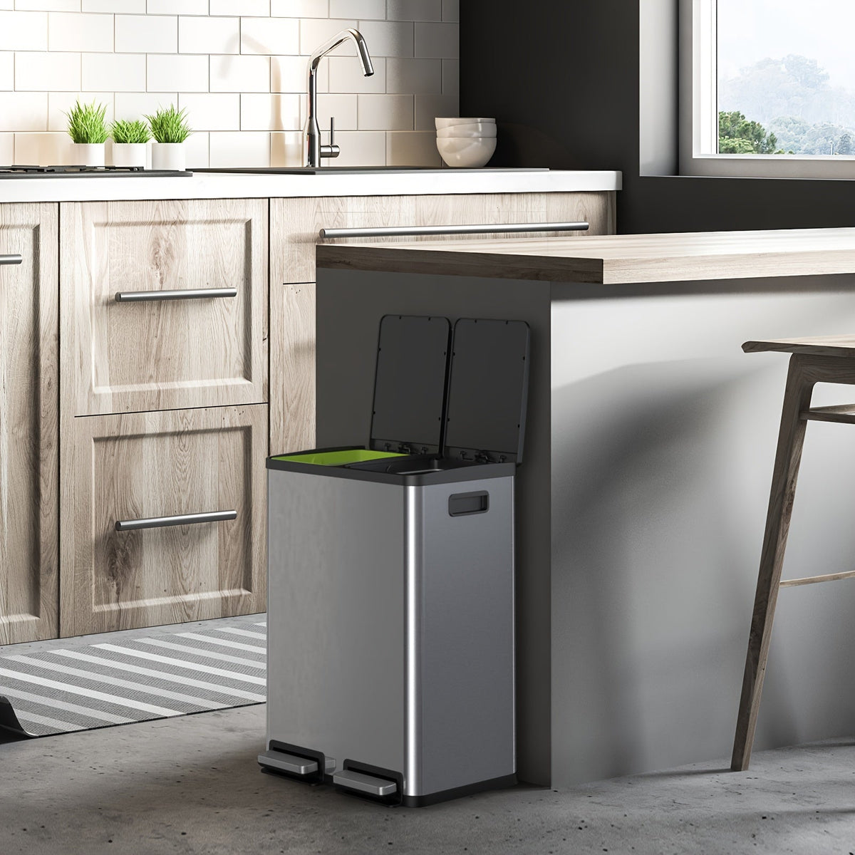 Skanto | JHK 15.85-Gal Large Capacity Silver Kitchen Bin - Modern Design, Dual Compartment Recycling, Closed Lid