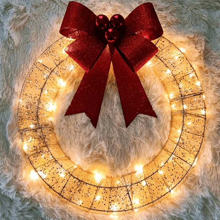 Christmas Garland 50CM Luminous LED Warm Light Metal Luminous Wreath With Big Bowknot Christmas Front Door Home Holiday Party Door Hanging Decor | Kalsten