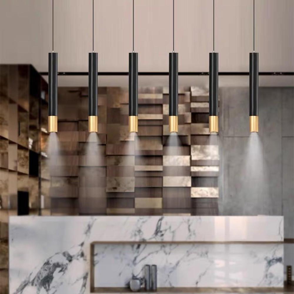 Elongated Cylinder Black and Gold Metal Shade LED Modern Pendant Light Island Hanging Lights | Kalsten