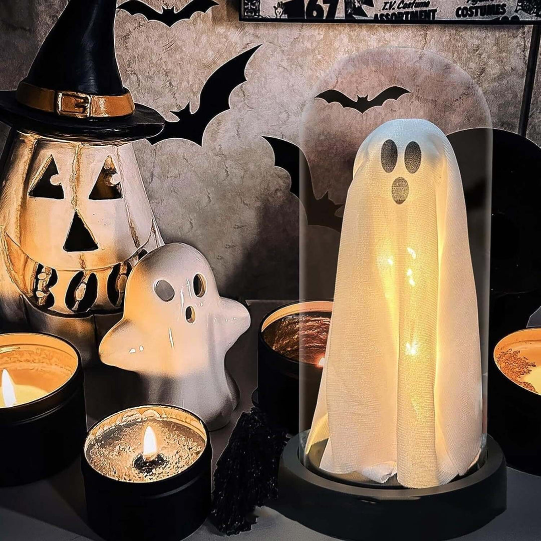 Light Up Ghost In Glass Cloche Light Up Ghost In Glass Clock | Kalsten