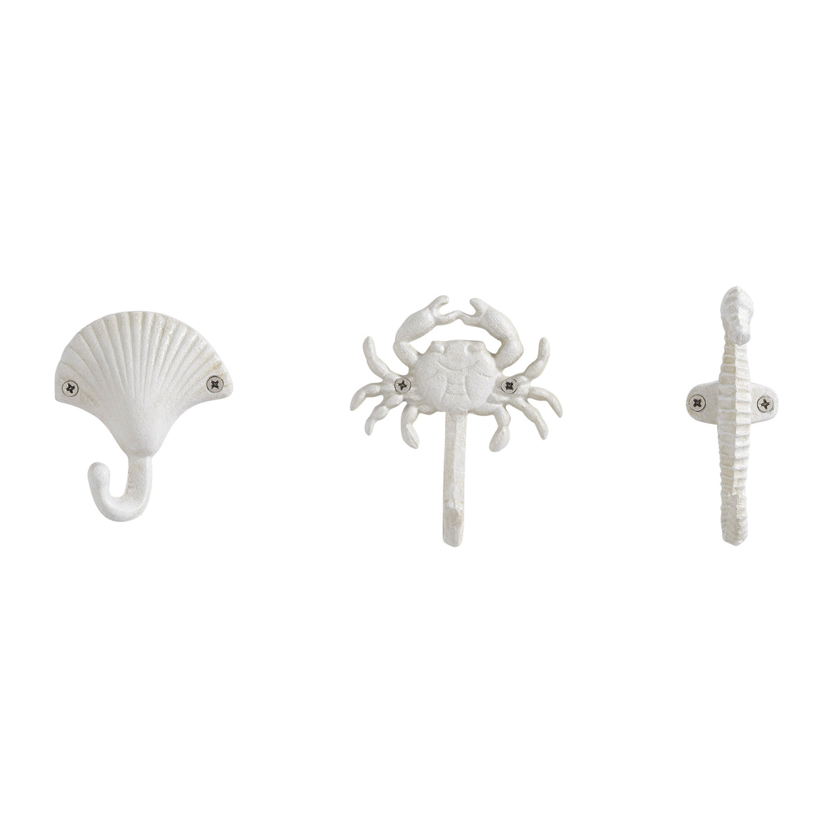 BowLift | White Cast Iron Nautical Ocean Figure Sculpture Decorative Utility Wall Hook Set of 3 - Shell, Crab, Seahorse