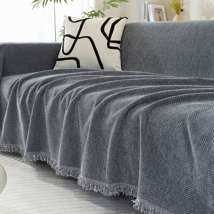 Chenille Herringbone Sofa Cover with Tassels Kalsten