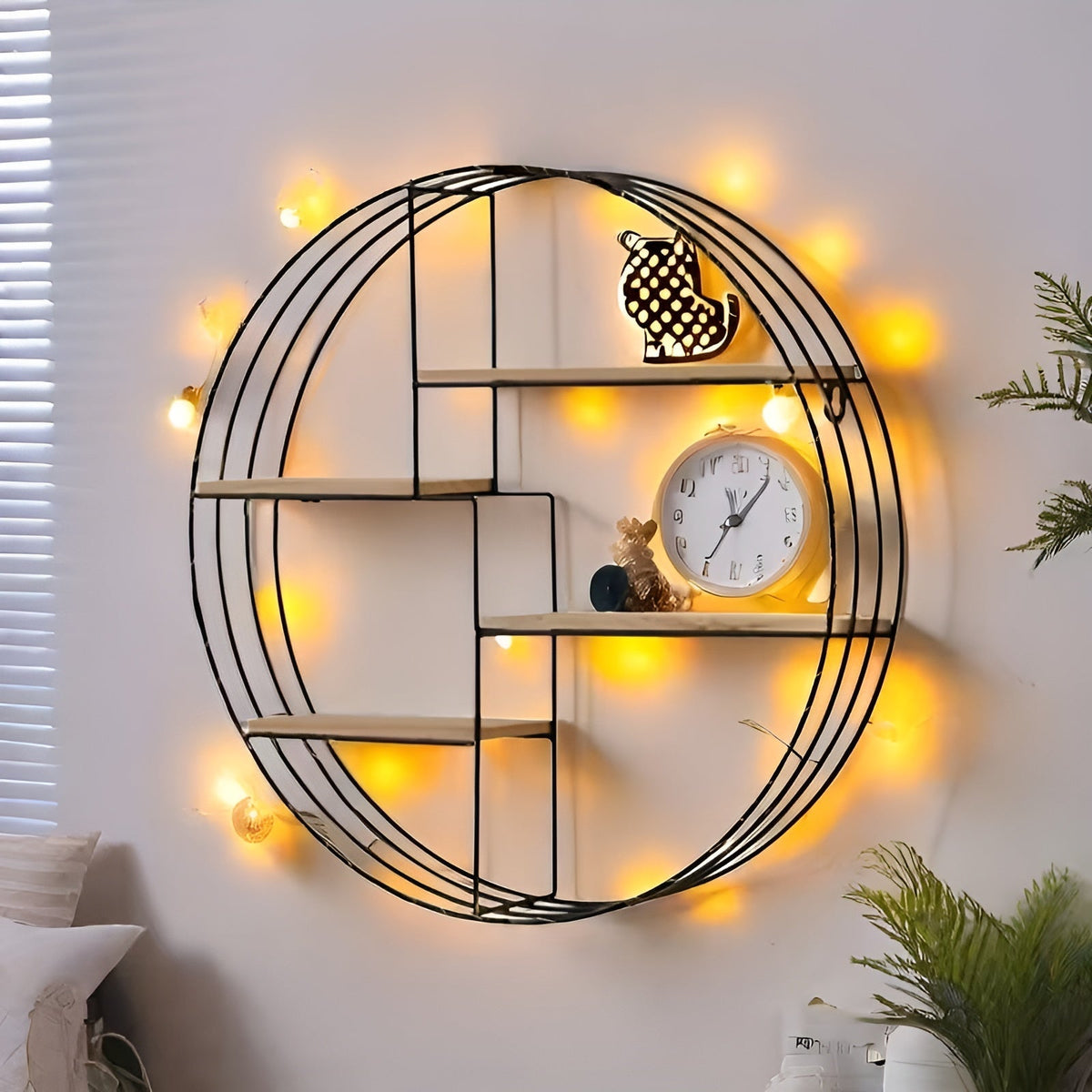 Round Wall Shelf with 4 Tiers – Retro Design made of Wood & Metal | Decorative Hanging Shelf for Living Room, Bathroom & Bedroom | Karnz