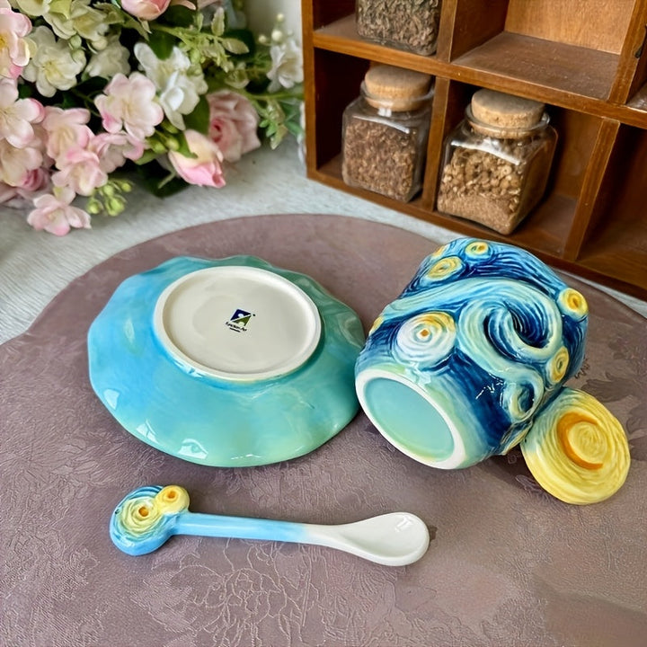 ArtSip Ceramic Cup & Saucer Set – Hand-painted 3D Design inspired by Van Gogh | Kalsten