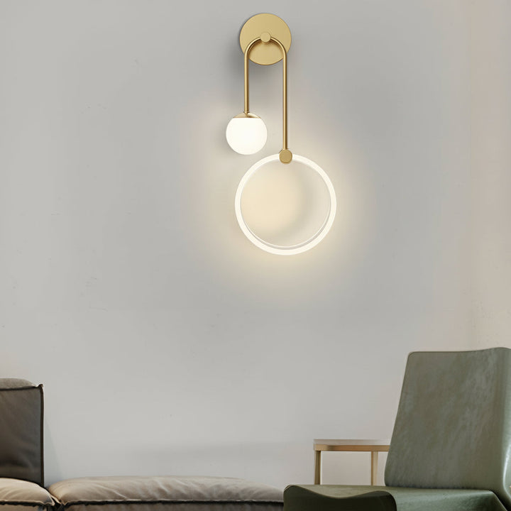 LED Wall Sconce Light – Modern 2-Light Gold Acrylic Ring Frosted Globe (45x23cm / 17.7x9.1in) | Kalsten