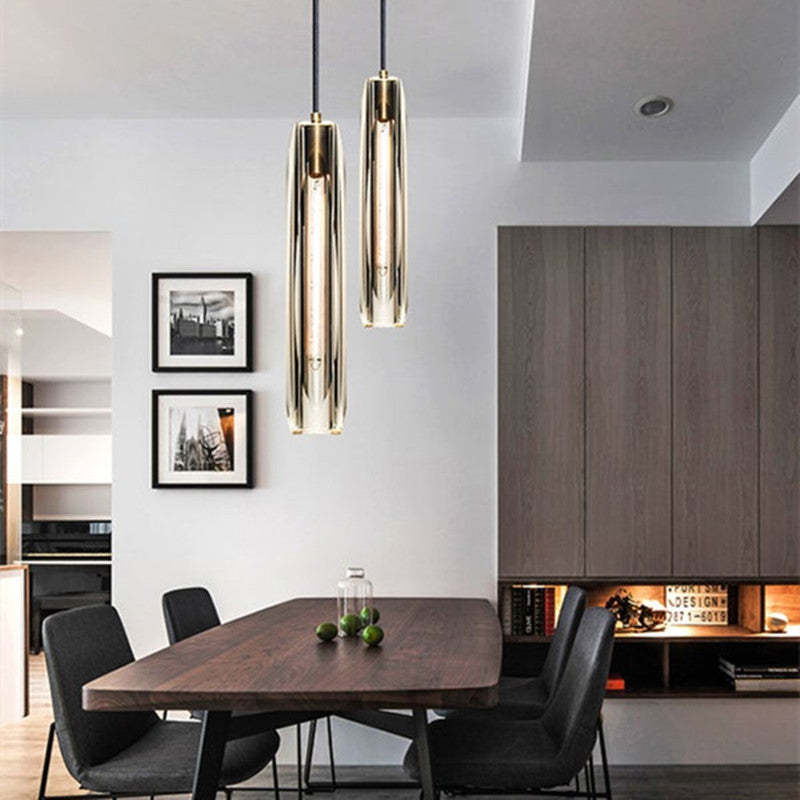 Pendant Light Glass Cylinder 15 in Adjustable Hanging Bedroom Dining Room Ceiling Fixture Modern Minimalist Lighting | Kalsten