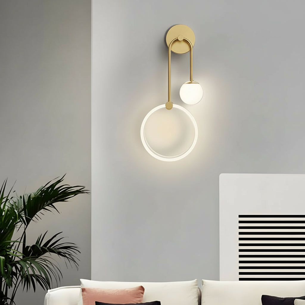 LED Wall Sconce Light – Modern 2-Light Gold Acrylic Ring Frosted Globe (45x23cm / 17.7x9.1in) | Kalsten