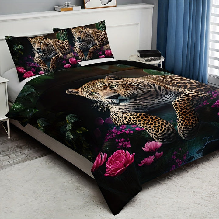 Luxurious Animal Print Bedding Set with Rose Pattern - 3-piece Kalsten