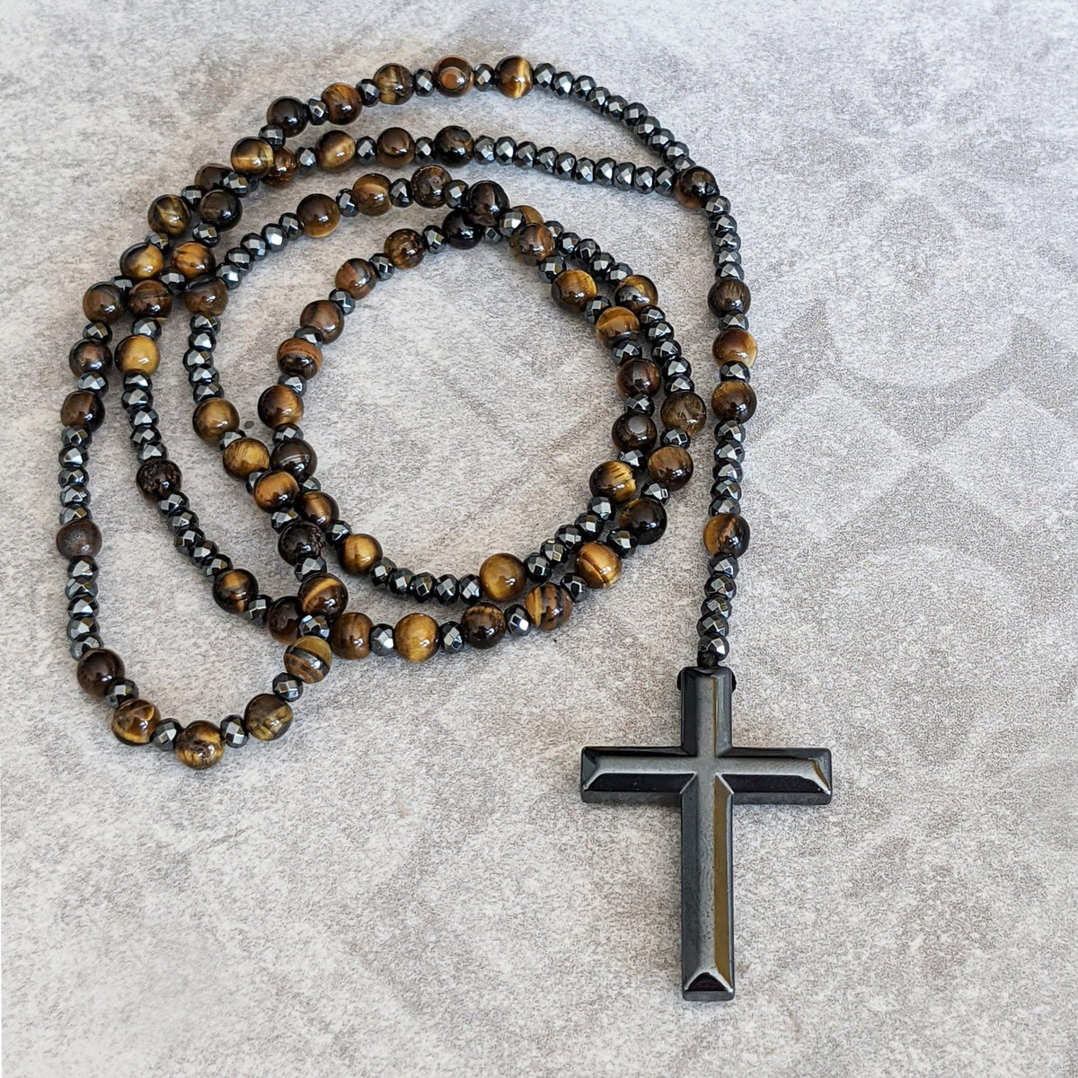 Skanto | Tiger Eye and Lapis Lazuli Cross Rosary Necklace for Men - Orion