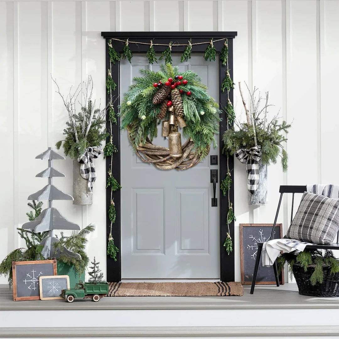 Kalsten | Christmas Wreath | Boho Style | Rustic Vine Base with Pinecones & Golden Bells