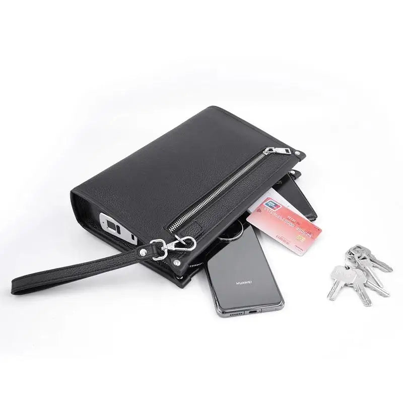 Men's Genuine Leather Business Clutch with Fingerprint Lock – Black | Kalsten