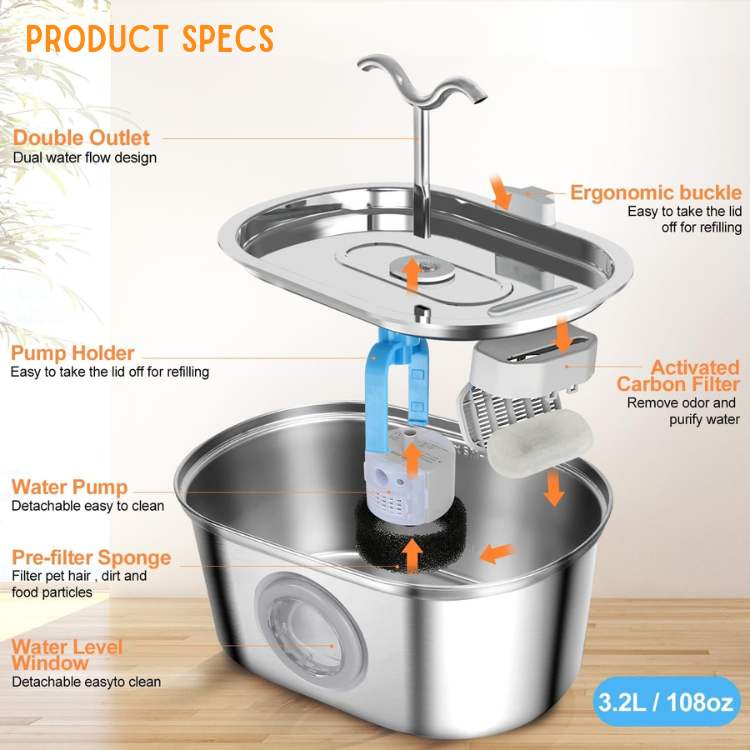 Cats Water Fountain made of Stainless Steel – Quiet, Hygienic and BPA-free – 2L Capacity | Kalsten