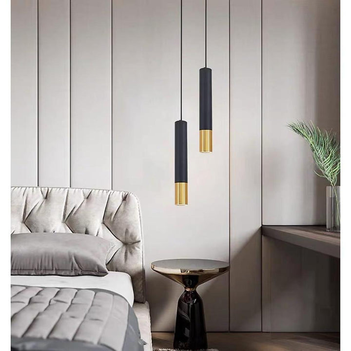 Elongated Cylinder Black and Gold Metal Shade LED Modern Pendant Light Island Hanging Lights | Kalsten
