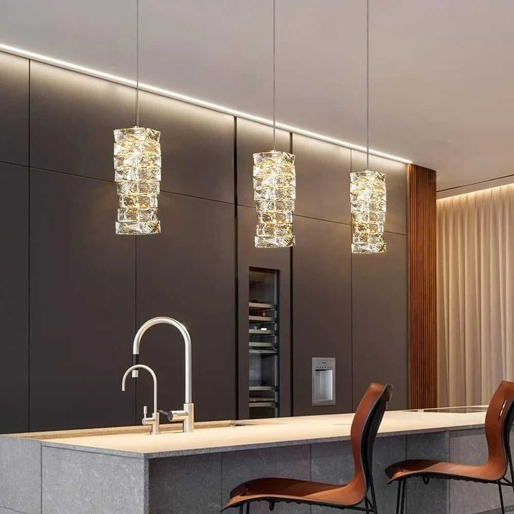 Pendant Light Crystal Stacked Glass 9.8 in LED Kitchen Island Dining Room Hanging Ceiling Fixture Modern Contemporary | Kalsten