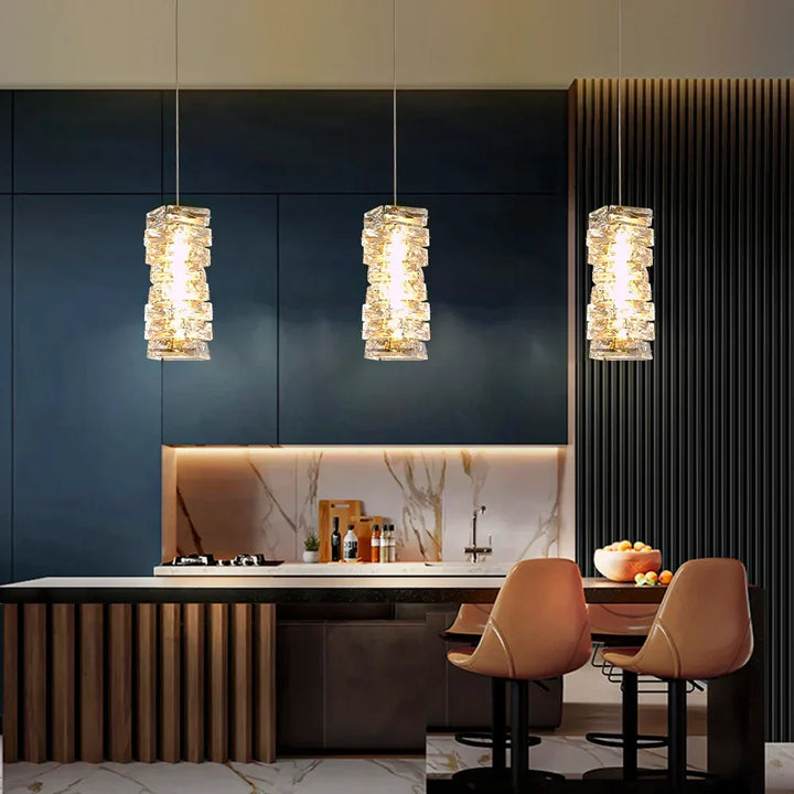Pendant Light Crystal Stacked Glass 9.8 in LED Kitchen Island Dining Room Hanging Ceiling Fixture Modern Contemporary | Kalsten