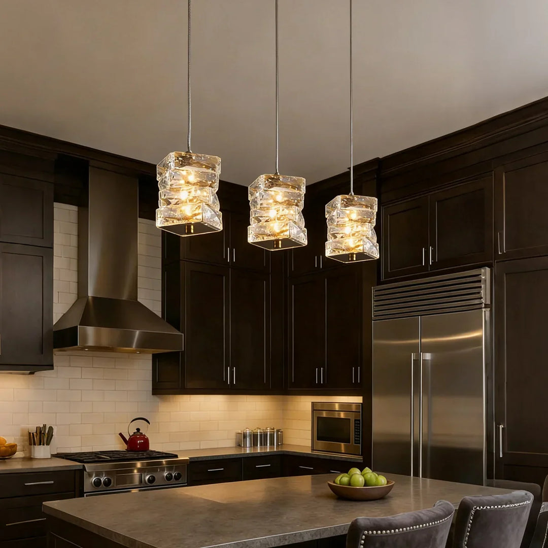 Pendant Light Crystal Stacked Glass 9.8 in LED Kitchen Island Dining Room Hanging Ceiling Fixture Modern Contemporary | Kalsten