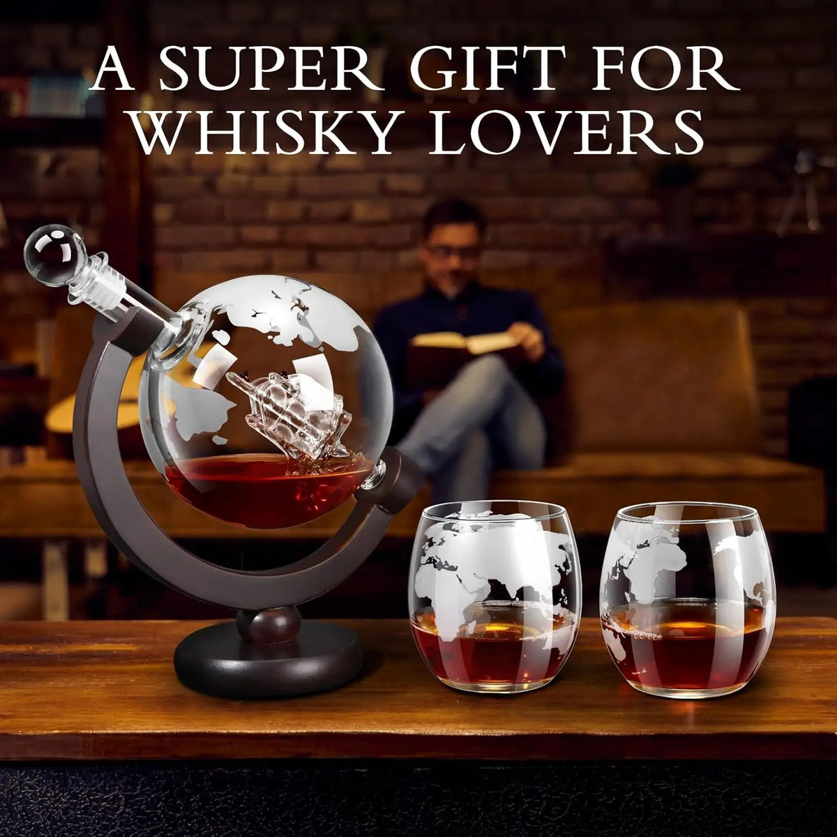 Glass Whiskey Decanter Set with Wooden Stand Etched World Ball Design | Bowlift