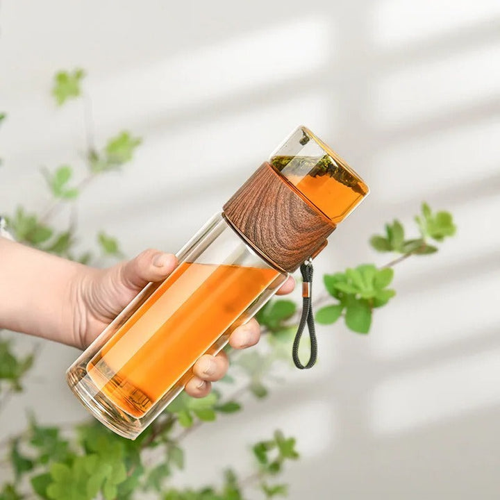Thermal bottle with tea filter – Glass & Wood – Double-walled – 500 ml – ClearTherm | Kalsten