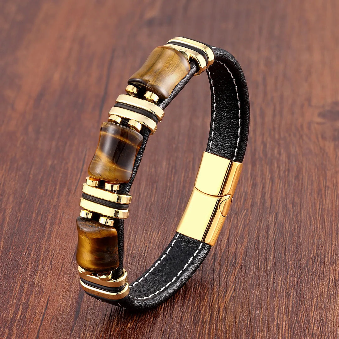 Kalsten | Bracelet Leather Gold | Tiger Eye Beaded Men’s Jewelry