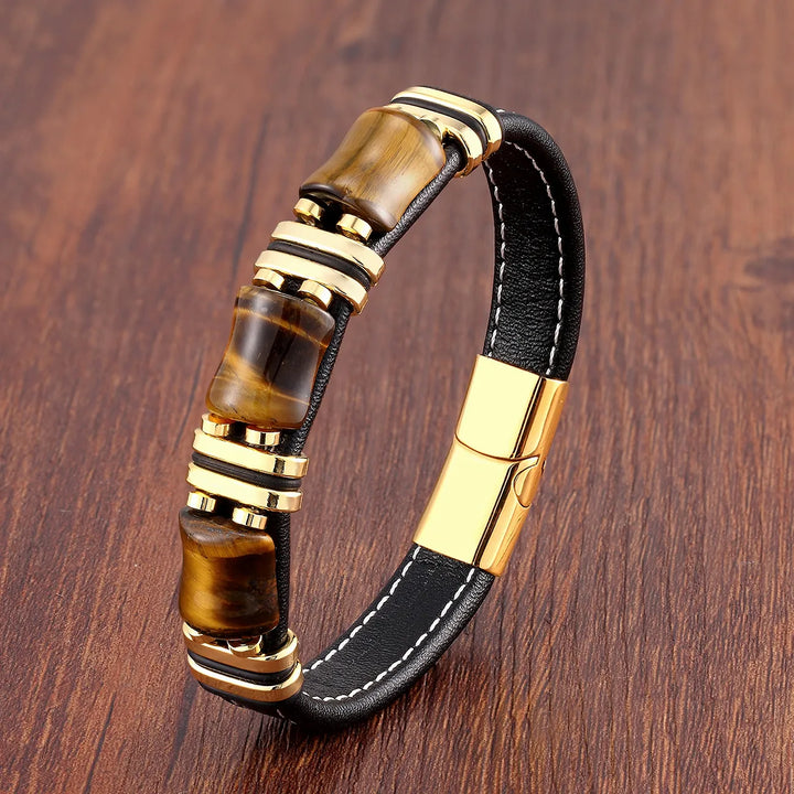 Kalsten | Bracelet Leather Gold | Tiger Eye Beaded Men’s Jewelry