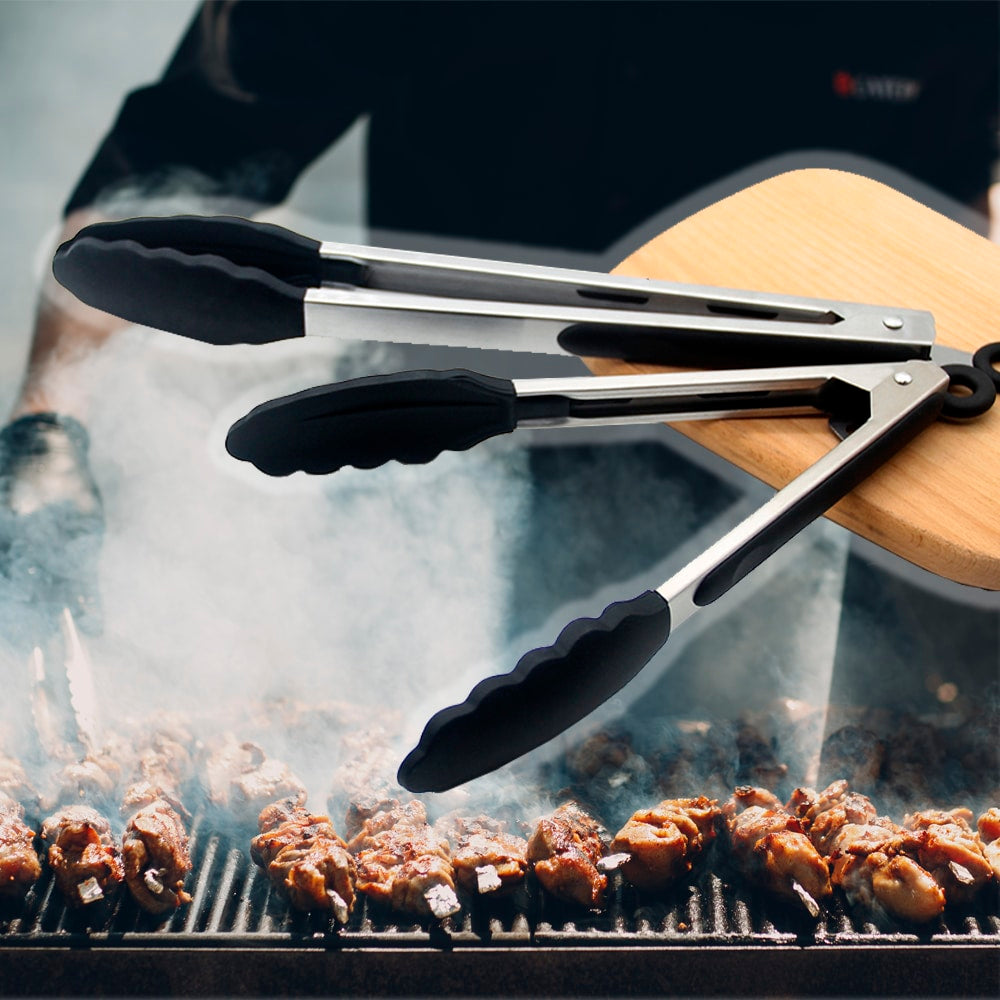 Silicone and stainless steel grill tongs - 23/30 cm - White / Black | Kalsten