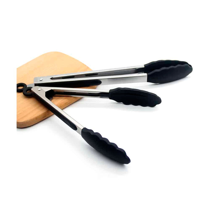 Silicone and stainless steel grill tongs - 23/30 cm - White / Black | Kalsten