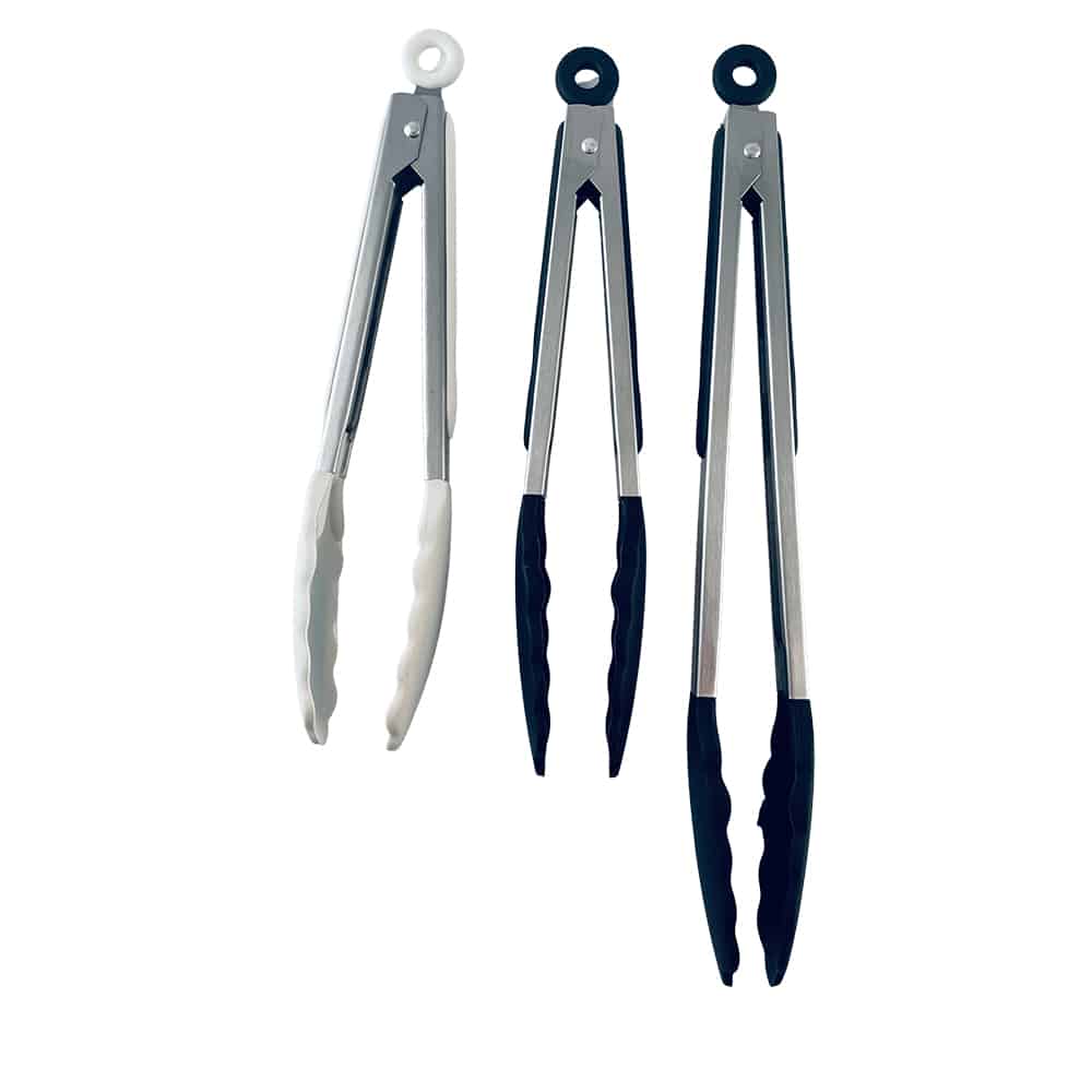 Silicone and stainless steel grill tongs - 23/30 cm - White / Black | Kalsten