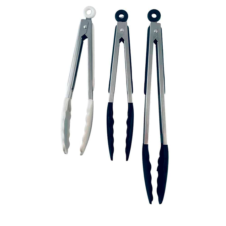 Silicone and stainless steel grill tongs - 23/30 cm - White / Black | Kalsten