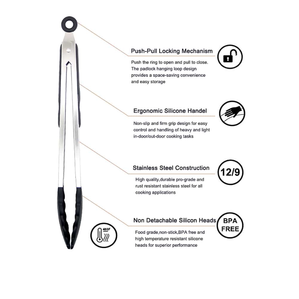 Silicone and stainless steel grill tongs - 23/30 cm - White / Black | Kalsten