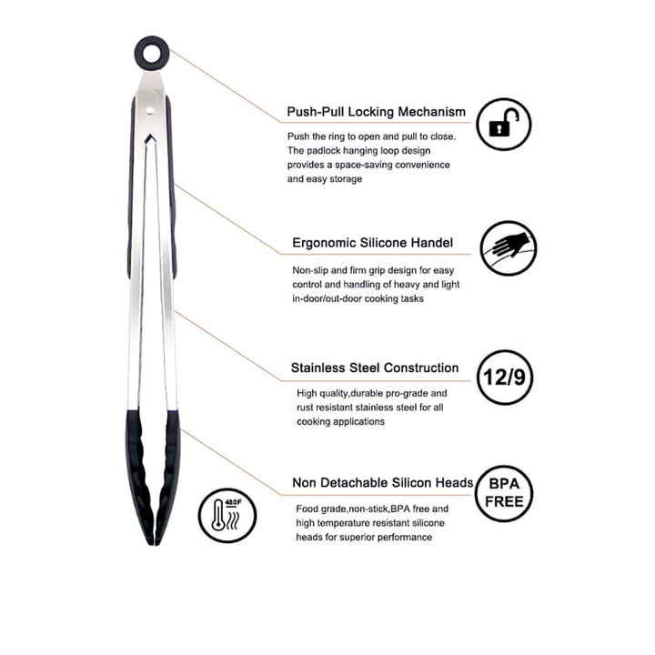 Silicone and stainless steel grill tongs - 23/30 cm - White / Black | Kalsten