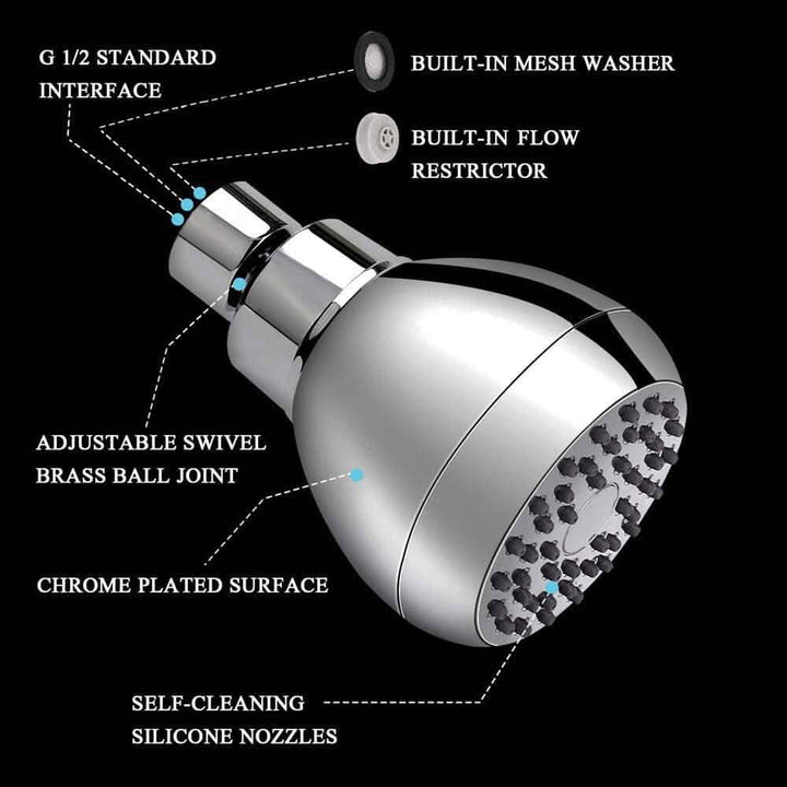 Kalsten | High Pressure Showerhead 3" Anti-Clog Anti-Leak Fixed with Adjustable Swivel Ball Joint Made of Brass
