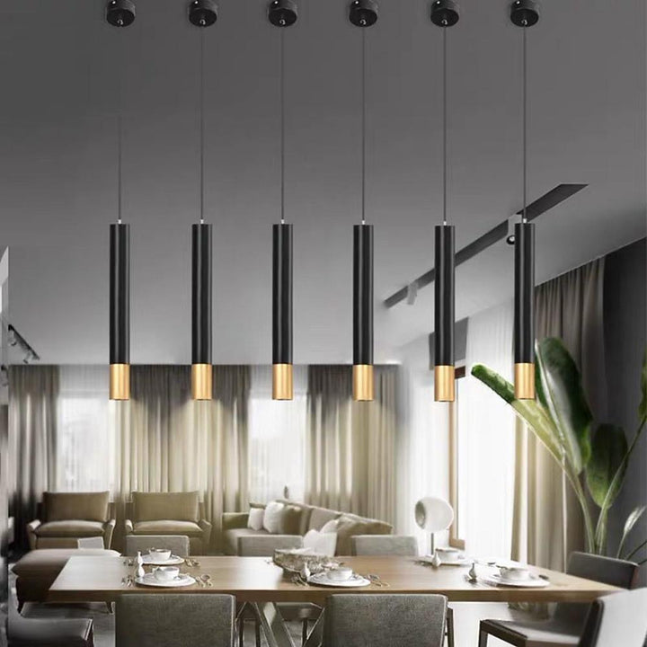 Elongated Cylinder Black and Gold Metal Shade LED Modern Pendant Light Island Hanging Lights | Kalsten